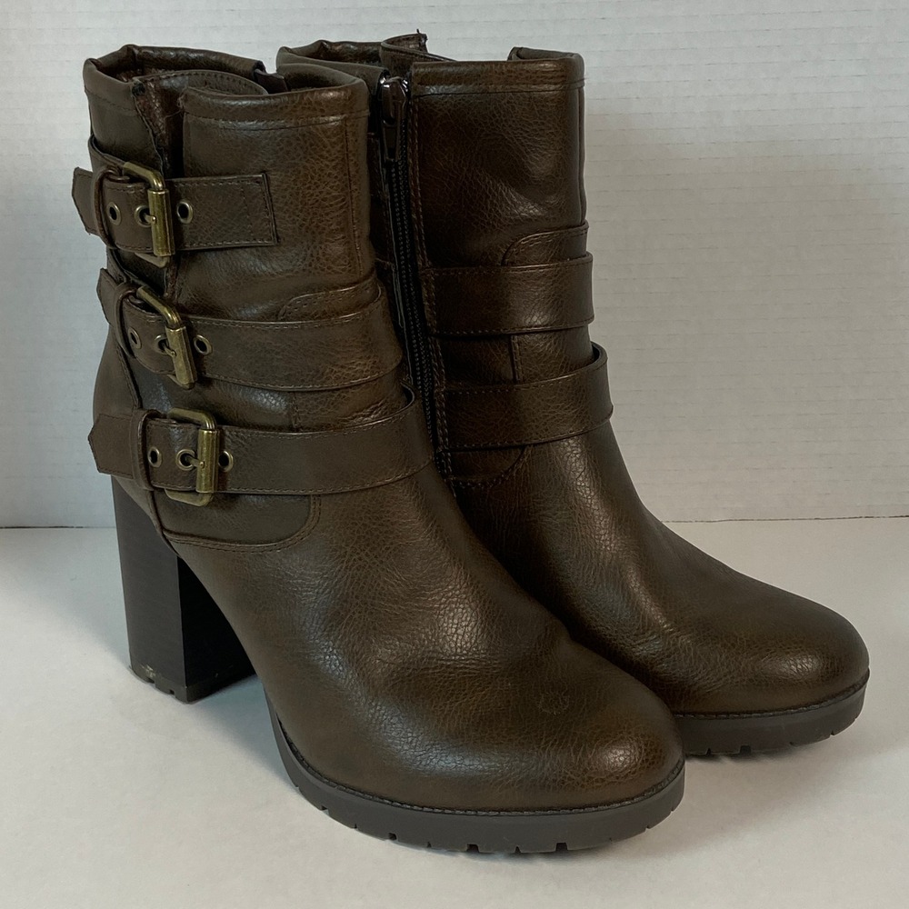 XOXO Jamila Combat Boots 8.5 Lug Sole Faux Leather Triple Buckle Block Heel Shoe
